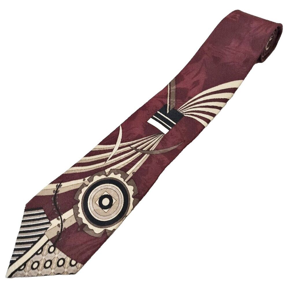 Vtg GIVENCHY MONSIEUR Silk Tie Geometric Circle Stripes Nautical Maroon Red Gold